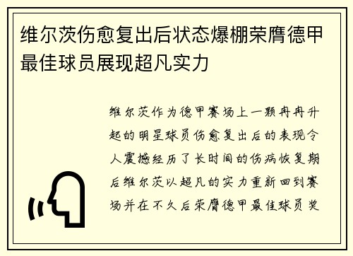 维尔茨伤愈复出后状态爆棚荣膺德甲最佳球员展现超凡实力